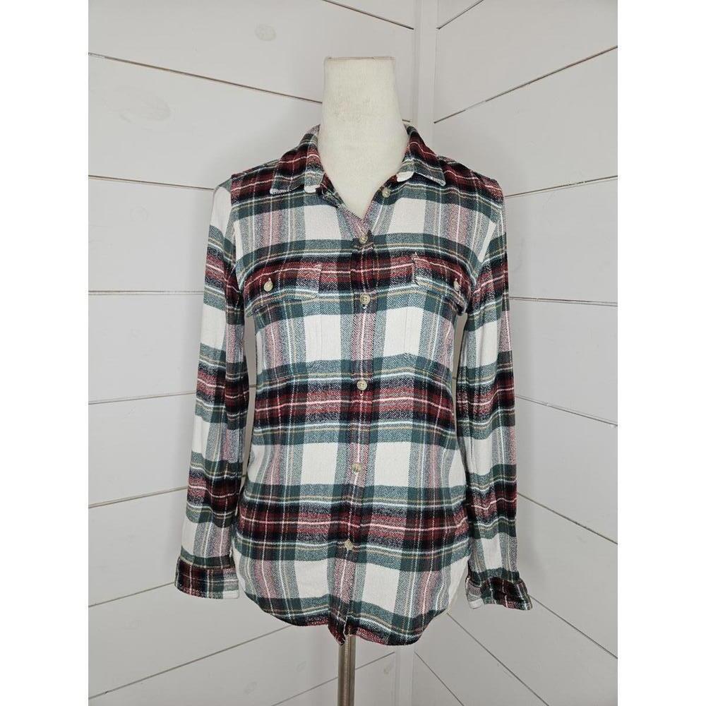 American Eagle Outfitters small white green & red plaid flannel shirt